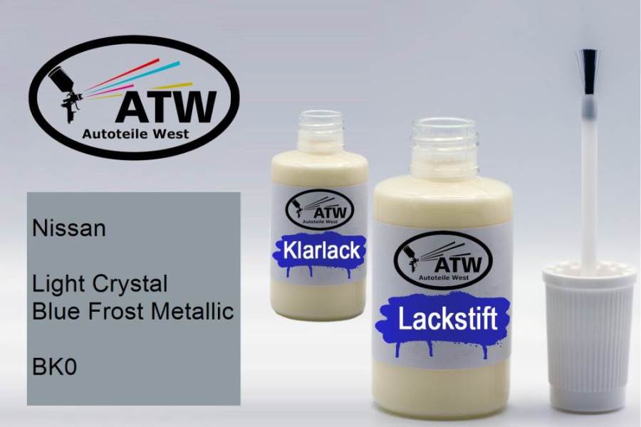 Nissan, Light Crystal Blue Frost Metallic, BK0: 20ml Lackstift + 20ml Klarlack - Set, von ATW Autoteile West.